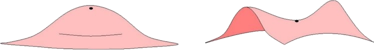 Un sommet (courbure de Gauss positive) et un col (courbure de Gauss négative)